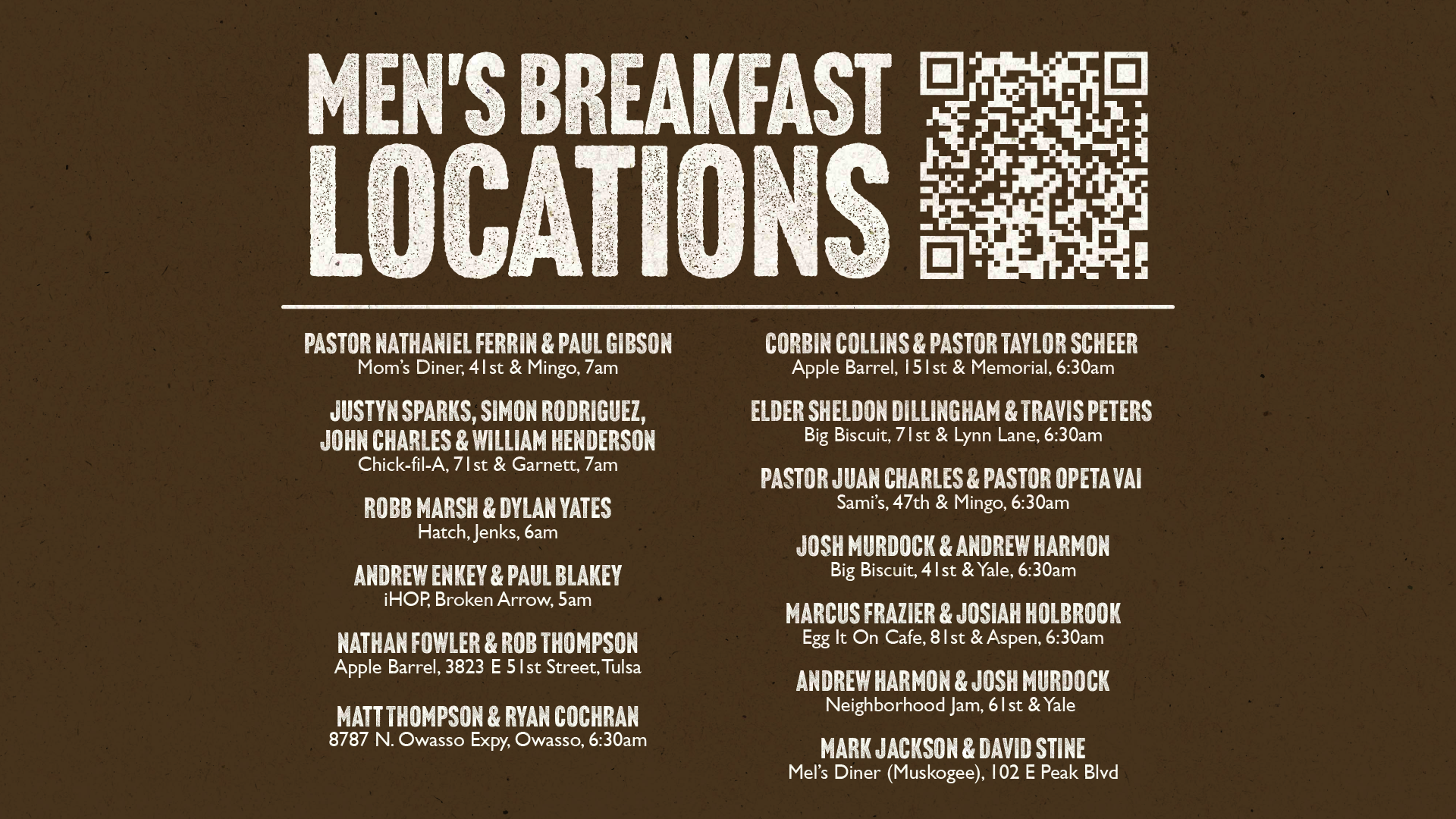 List of men's breakfast locations with addresses, times, and a QR code at the top right corner.
