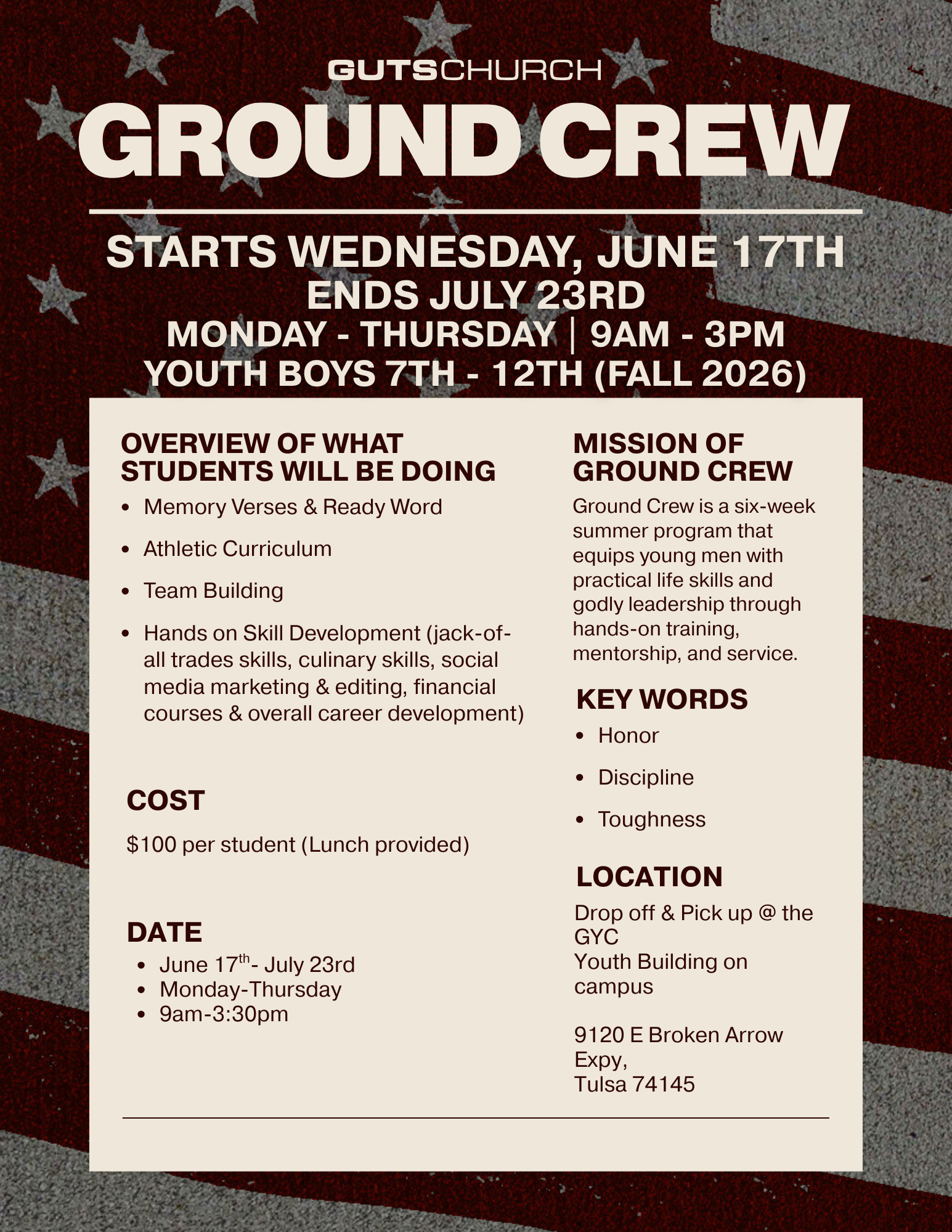 Flyer for Guts Church Ground Crew program, starting June 17th to July 23rd, Monday to Thursday, 9am to 3pm, for youth boys 7th to 12th grade, located at 9120 E Broken Arrow Expy, Tulsa 74145.