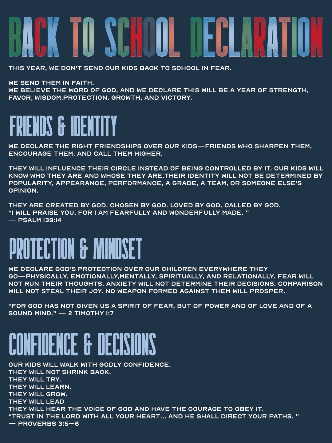 Colorful Back to School Declaration poster with faith-based messages for students, highlighting friendship, identity, protection, confidence, and decisions.