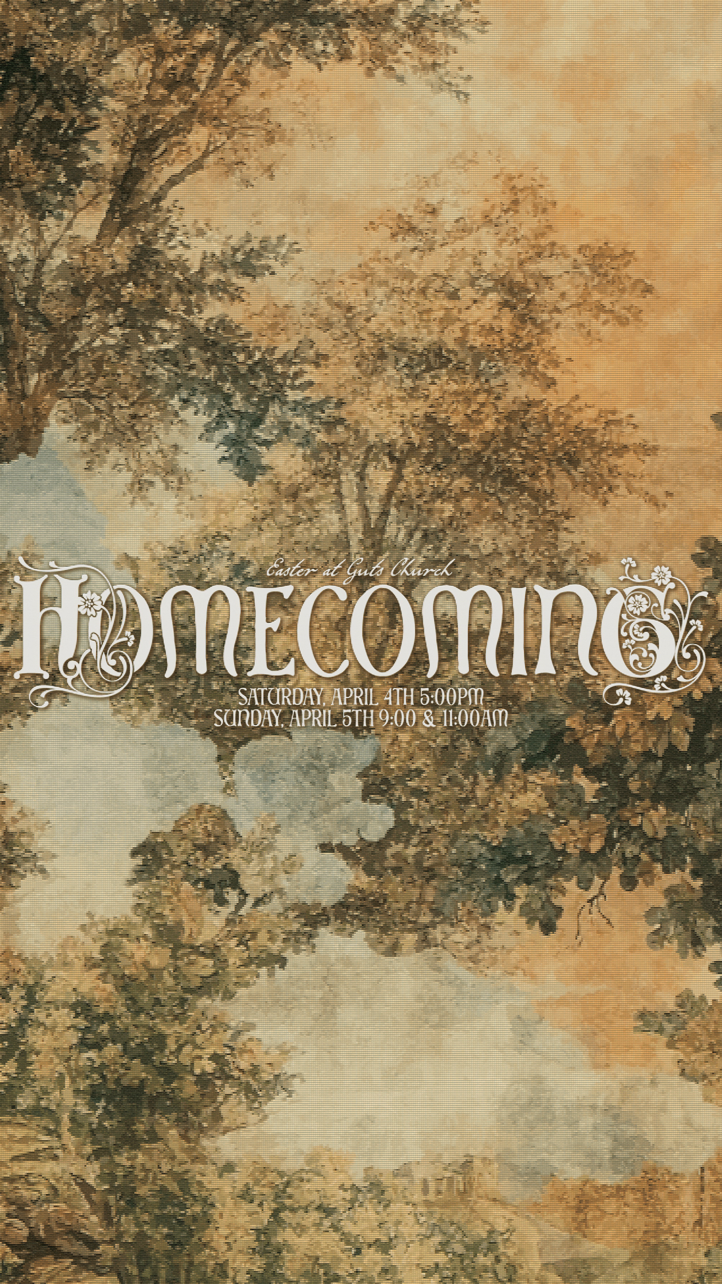 Invitation to a church event called 'Homecoming' at Guto Church, with details for Saturday, April 4th at 5:00 PM and Sunday, April 5th at 9:00 AM and 11:00 AM, over a background of trees and sky.