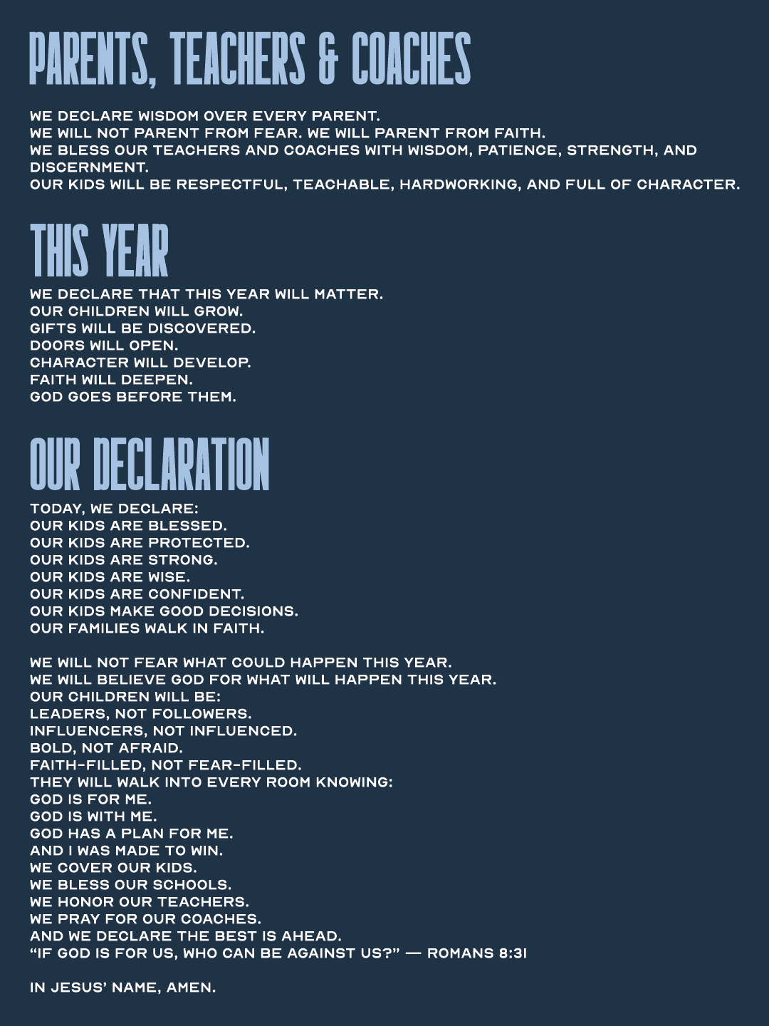 A motivational poster with a blue background and white text, titled 'Parents, Teachers & Coaches,' expressing a declaration of faith and encouragement for children.