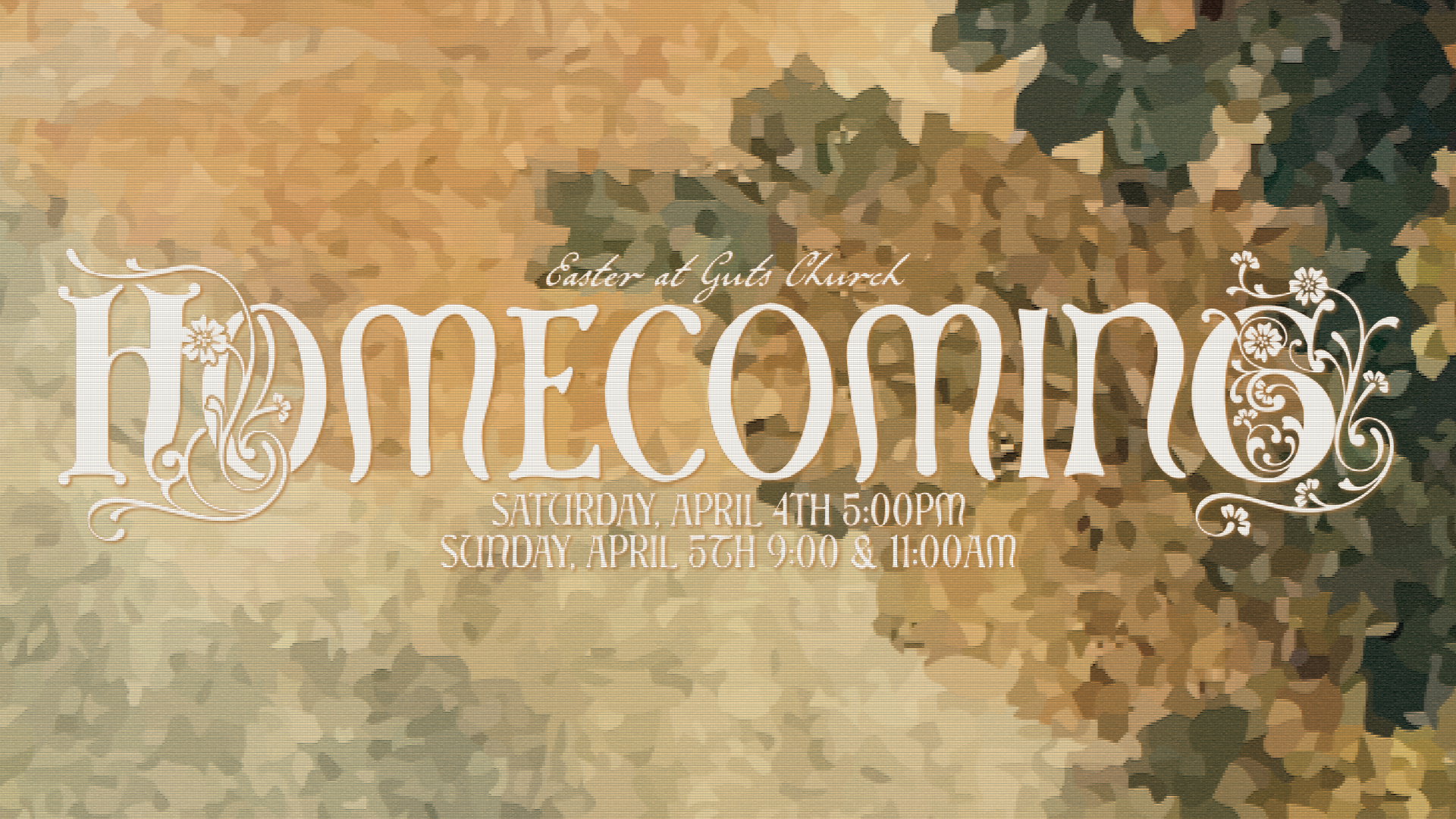 Flyer for Easter at Gutso Church, featuring a decorative, floral Easter-themed design with text about event times on April 4th and 5th.