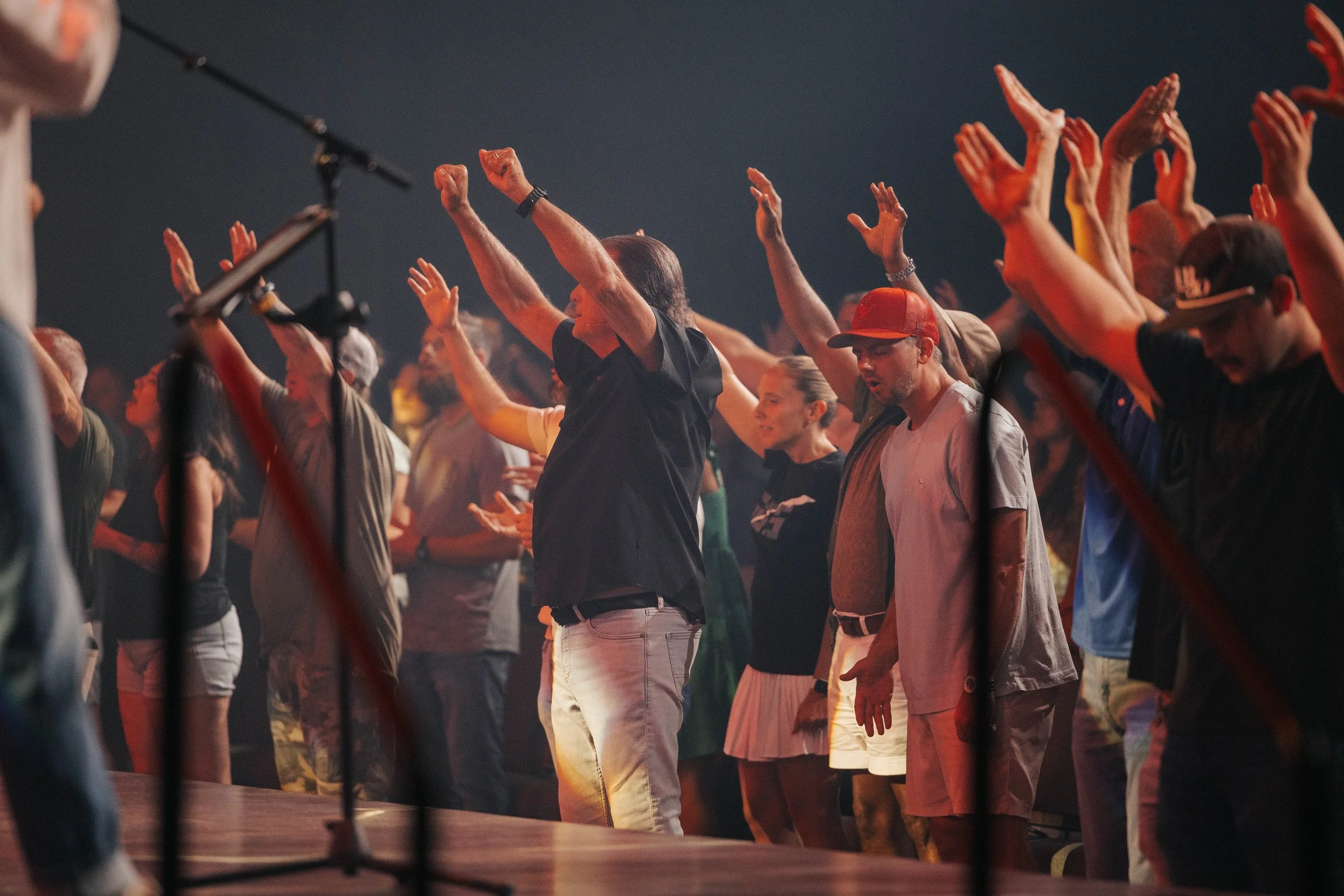 Crowd of people raising their hands during a concert or religious event.