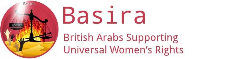 Graphic with the name Basira and the slogan British Arabs Supporting Universal Women's Rights, featuring a pink circle with a scale, flames, and hands.