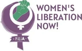 Logo for Women's Liberation Now with a green fist inside a purple female symbol and the text 'Women's Liberation Now! FiLiA'.