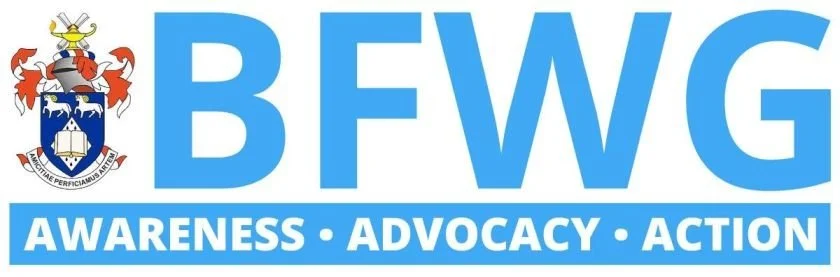 Logo with a shield, a crab, and a banner reading 'BFWG' with the words 'Awareness, Advocacy, Action' underneath.