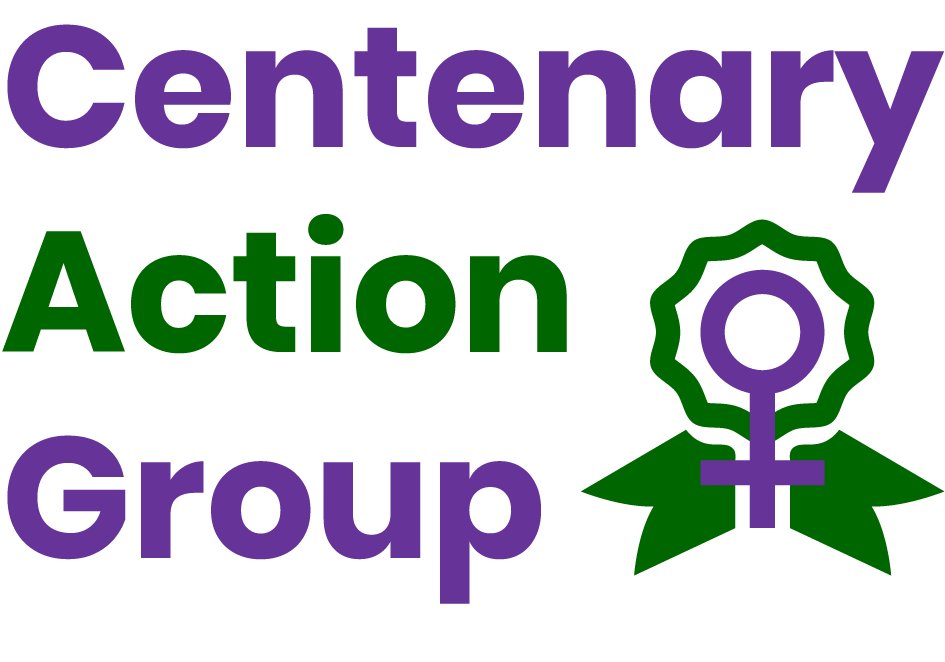 Text reads "Centenary Action Group" in purple and green, with a logo of a purple female gender symbol with a green leaf background.