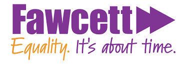 Fawcett logo with purple text and arrow, 'Equality. It's about time.' slogan in orange and purple.