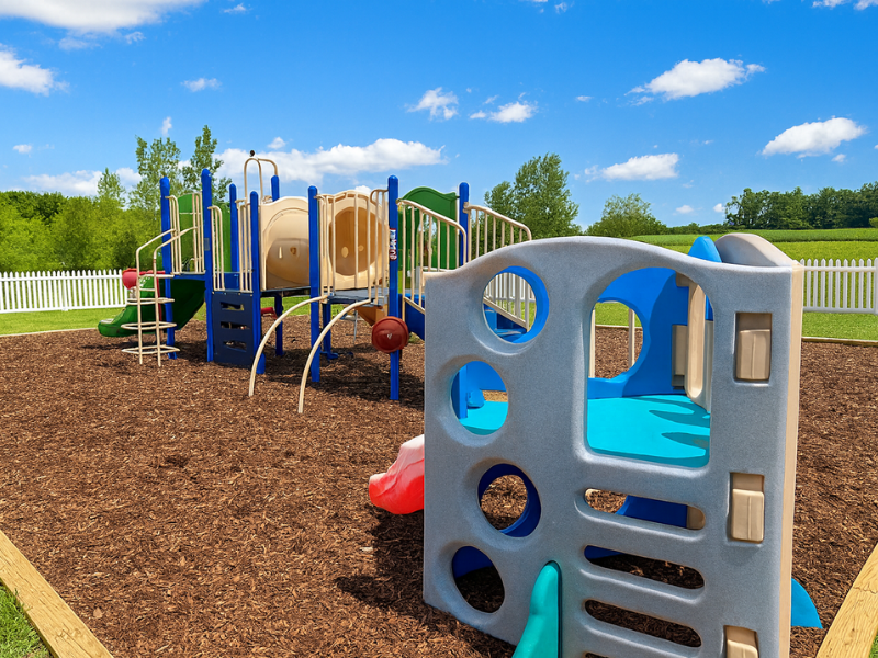 Fenced-in outdoor playground at Kid Star Daycare Center in Paw Paw, Michigan, with fresh mulch, climbing equipment, and a safe open yard for active play.