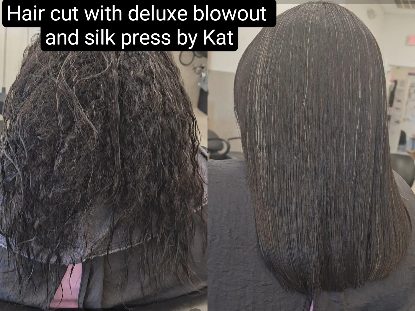 Side-by-side comparison of a person's hair before and after a deluxe blowout and silk press. The first image shows curly, frizzy hair, and the second shows sleek, straight hair.