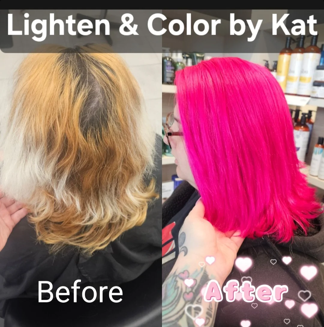 Side-by-side comparison of a woman's hair before and after coloring. The left side shows her hair in a frizzy, blonde, and dark root state. The right side shows her hair freshly colored a vibrant pink, styled straight.
