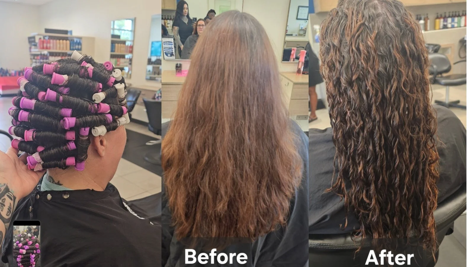 A woman getting her hair styled with hair rollers. The middle photo shows her hair before the styling, and the right photo shows the hair after styling, now curly and voluminous. Before and after perm
