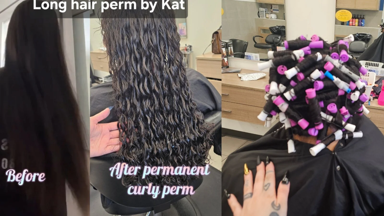 Side-by-side comparison of a woman's hair before and after a permanent curly perm, with a pile of hair rollers on a table in a salon.