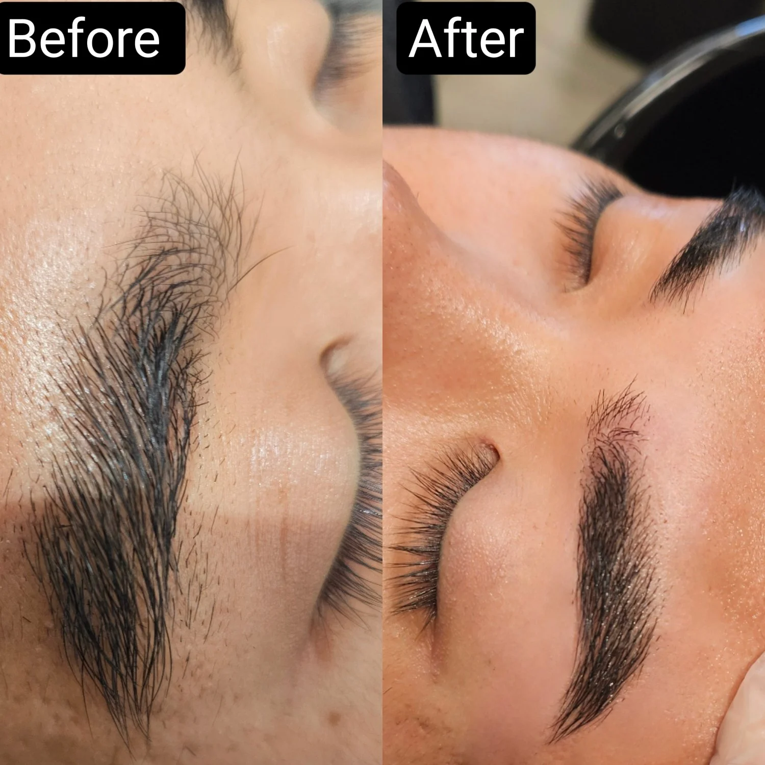 Side-by-side comparison of a person's face showing eyebrow changes before and after waxing with the left labeled 'Before' and the right 'After'.