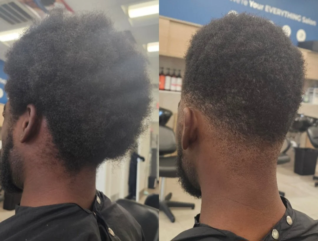 Comparison of a man's hairstyle, showing a fade haircut on the back and sides, with a natural texture on top in a salon setting.