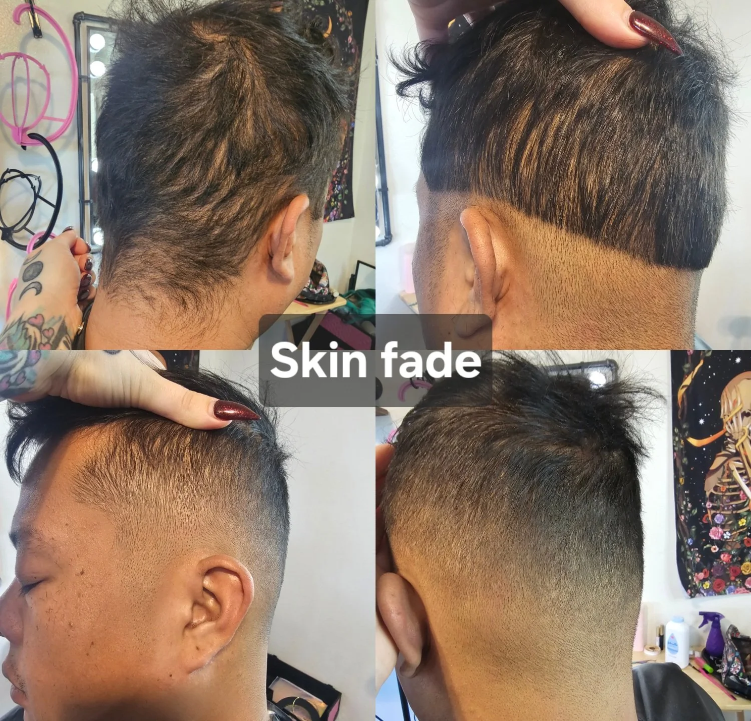 A collage showing a person's hair transformation process, including before, during, and after a haircut that results in skin fade with shorter sides and longer top. The images depict the fading technique, and the text 'Skin fade' appears in the center.