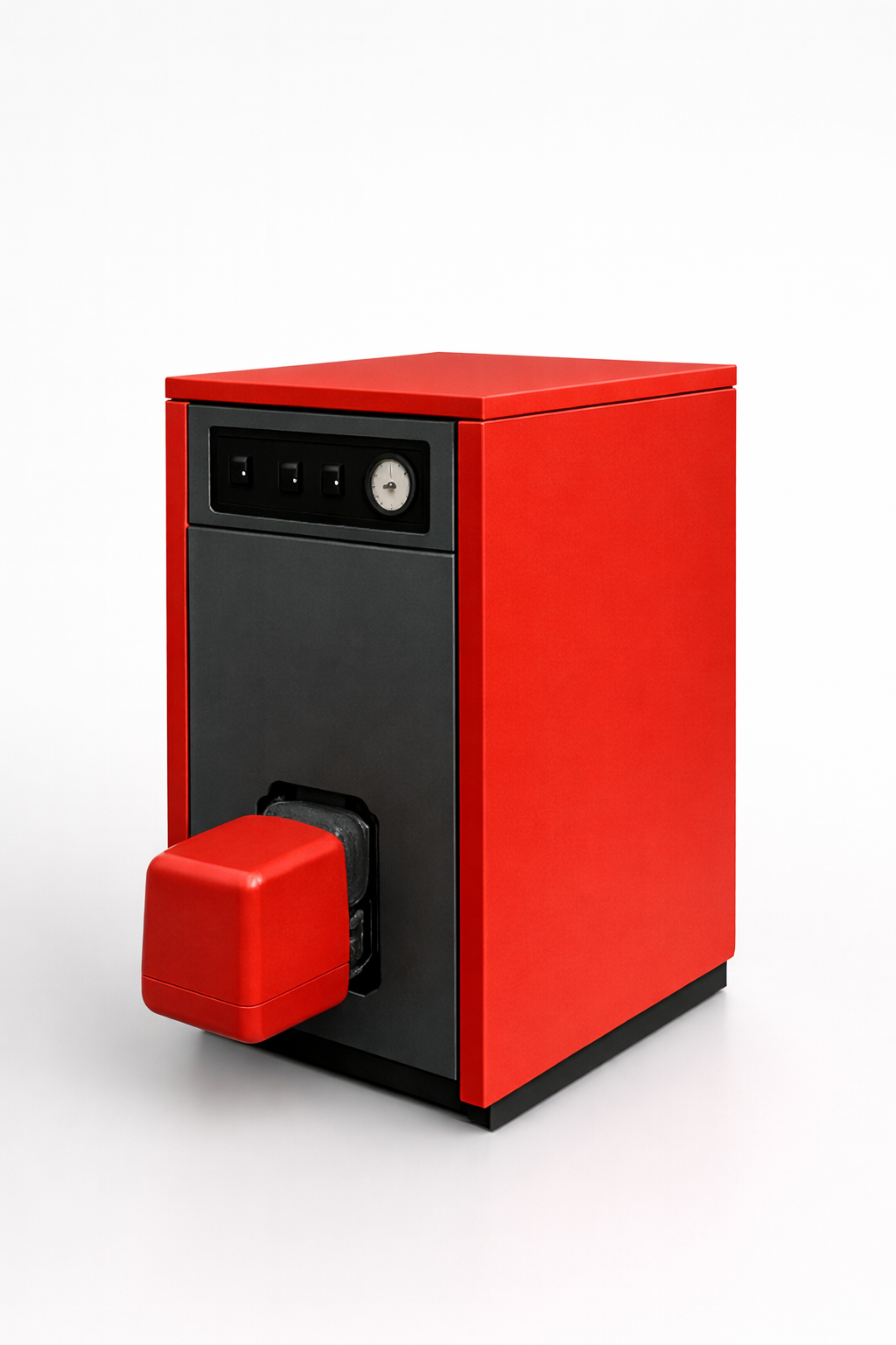 Chaufferie avec une chaudière rouge et un mur en briques.