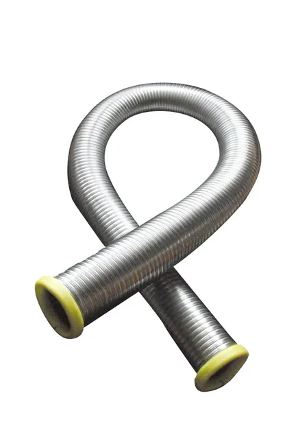 Tuyau flexible en métal galvanisé avec extrémités en caoutchouc jaune.