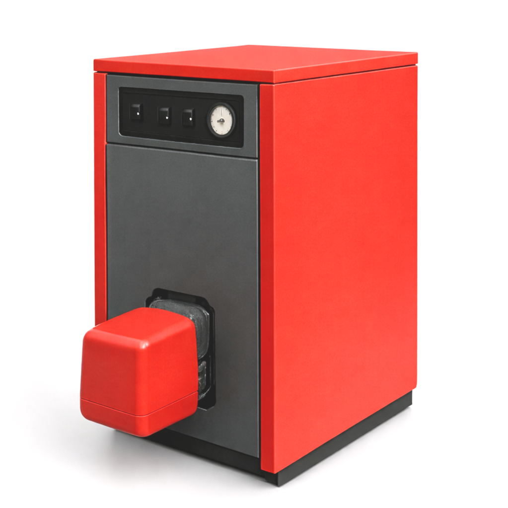 Une chaudière de couleur rouge et noire, utilisée pour le chauffage ou la production d'eau chaude, installée contre un mur