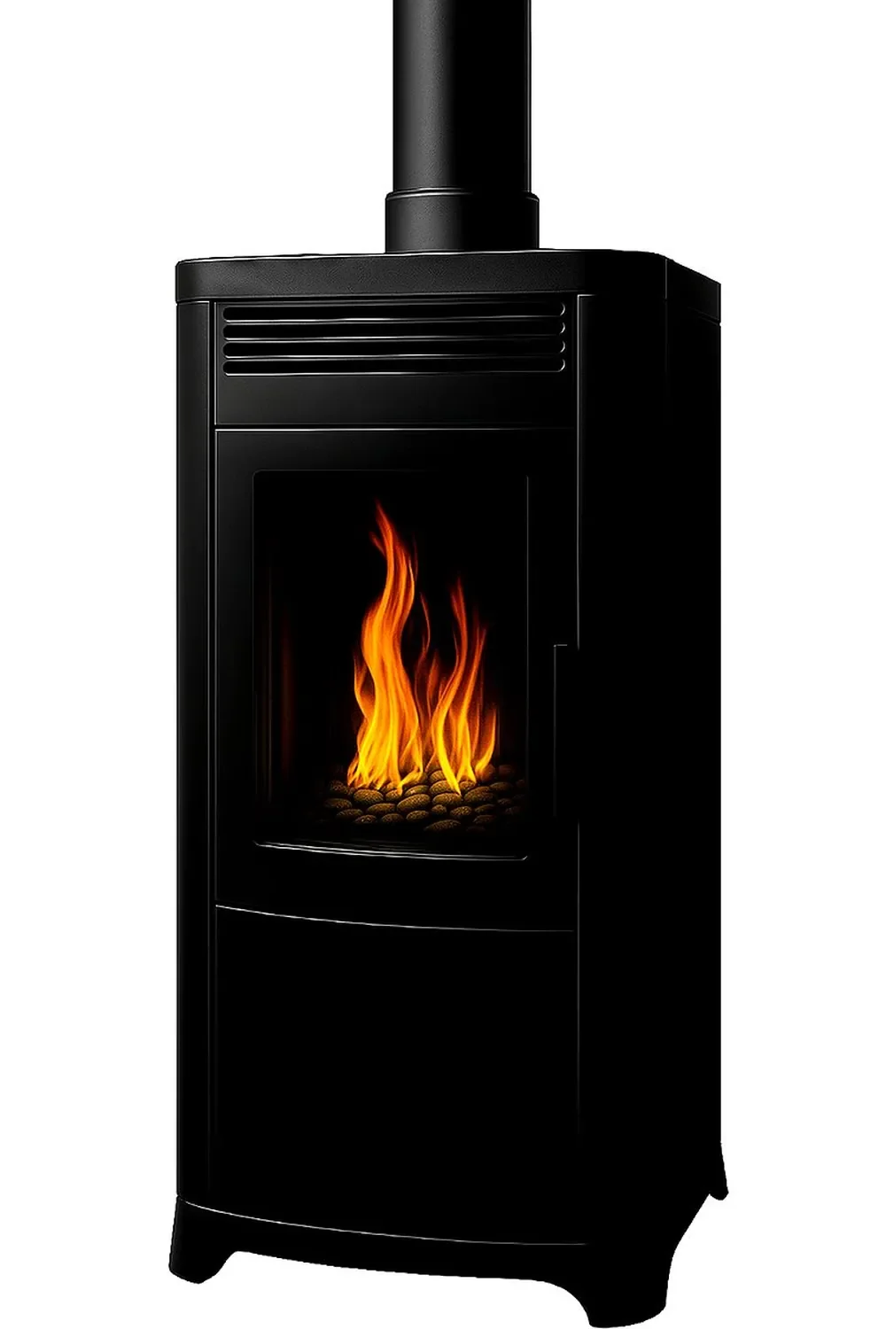 Salon avec mur bleu, cheminée à bois noire allumée, étagère murale avec livres et décorations, tableau abstrait au mur, fauteuil gris, tapis rond, lampadaire avec abat-jour blanc, et grande fenêtre avec rideaux blancs.