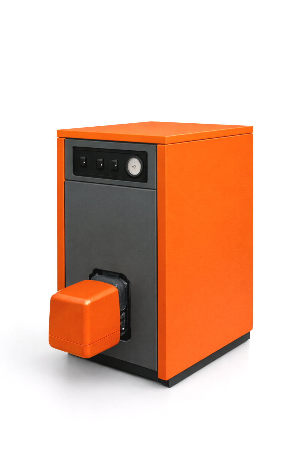 Une chaudière de couleur rouge et noire, utilisée pour le chauffage ou la production d'eau chaude, installée contre un mur