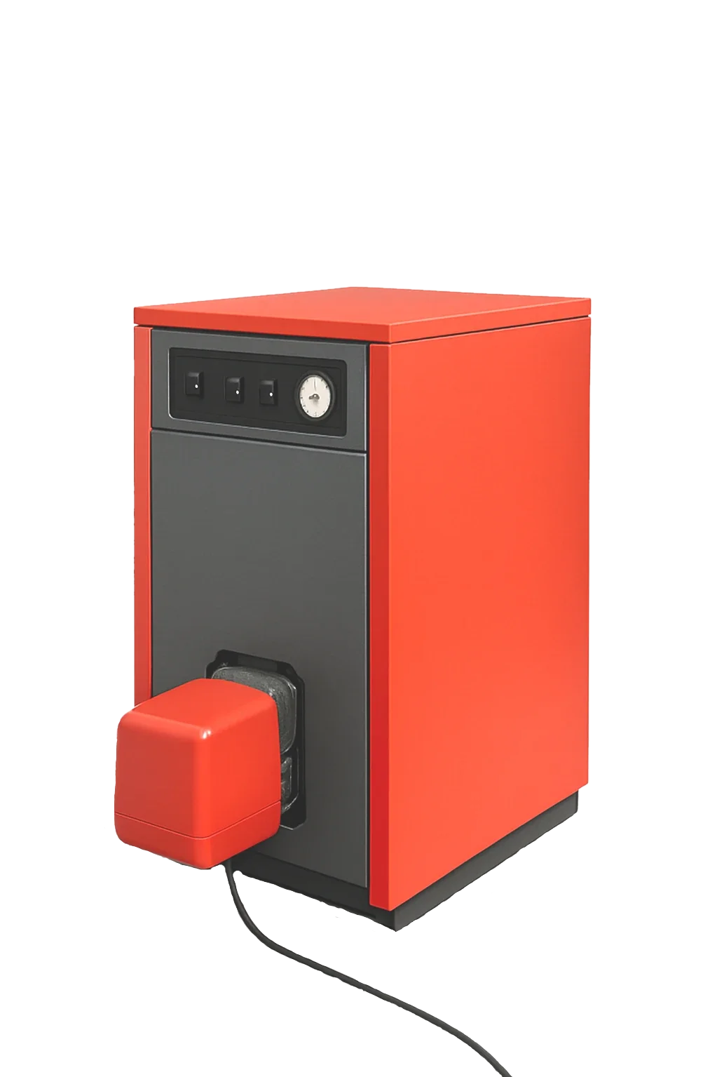 Chaufferie avec une chaudière rouge et un mur en briques.