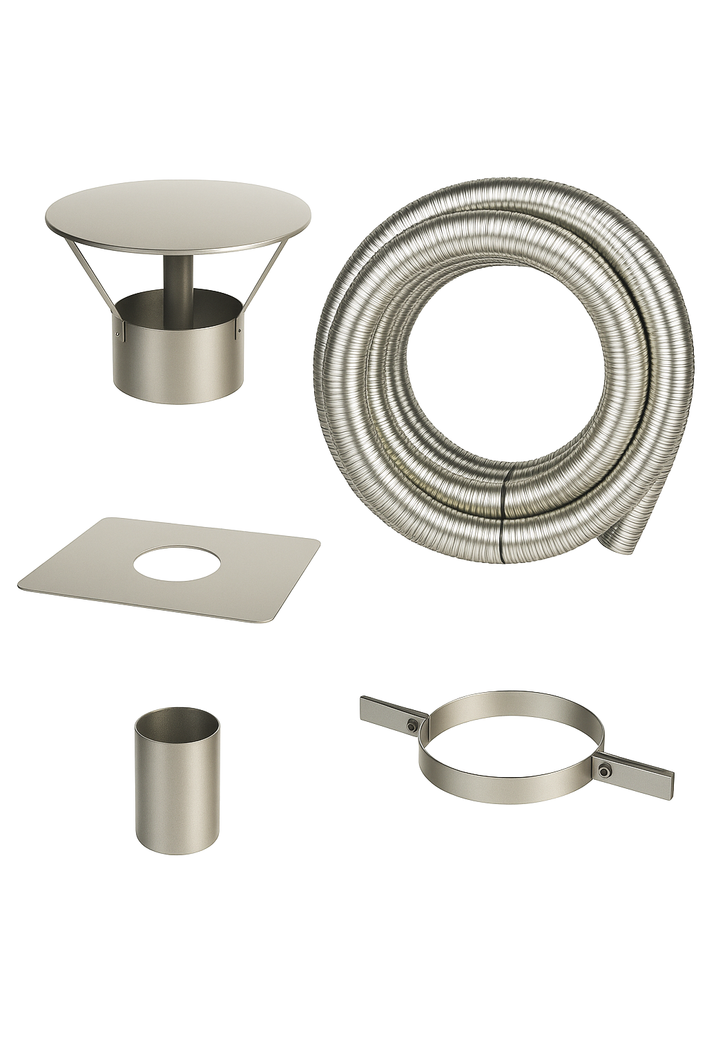 kit  comprenant un tubage flexible, un raccord, un chapeau , un collier de fixation, et une plaque de propreté .