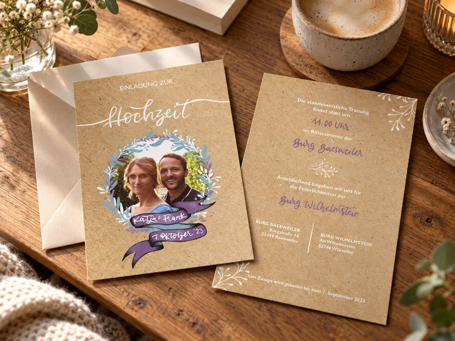 Rustikale Hochzeitseinladungen mit Kaffee und Blumen.png