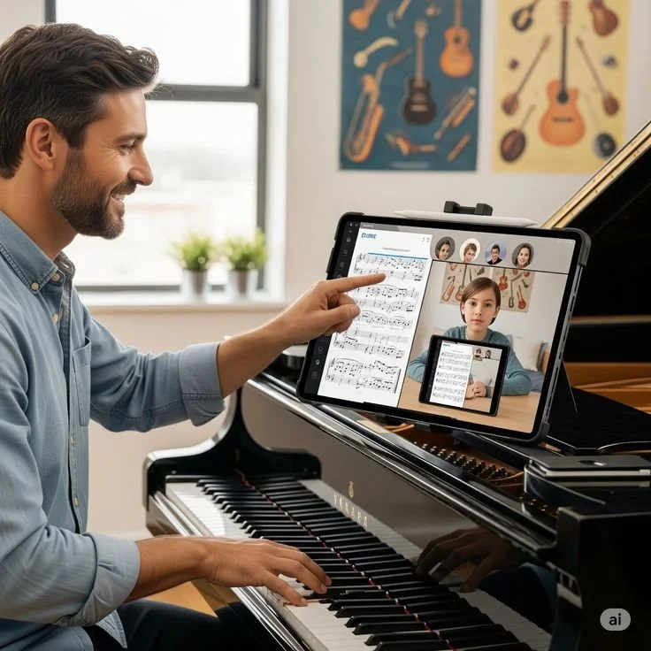 A man in a blue shirt plays a grand piano while participating in a video call on a tablet, which shows a young girl and three other participants. The room has musical posters of guitars and ukuleles on the wall and a window with potted plants on the windowsill.