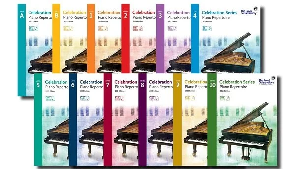 Collection of hardcover books titled 'Celebration Piano Repertoire,' numbered from 1 to 10, each with a different colored spine and an image of a grand piano on the cover.