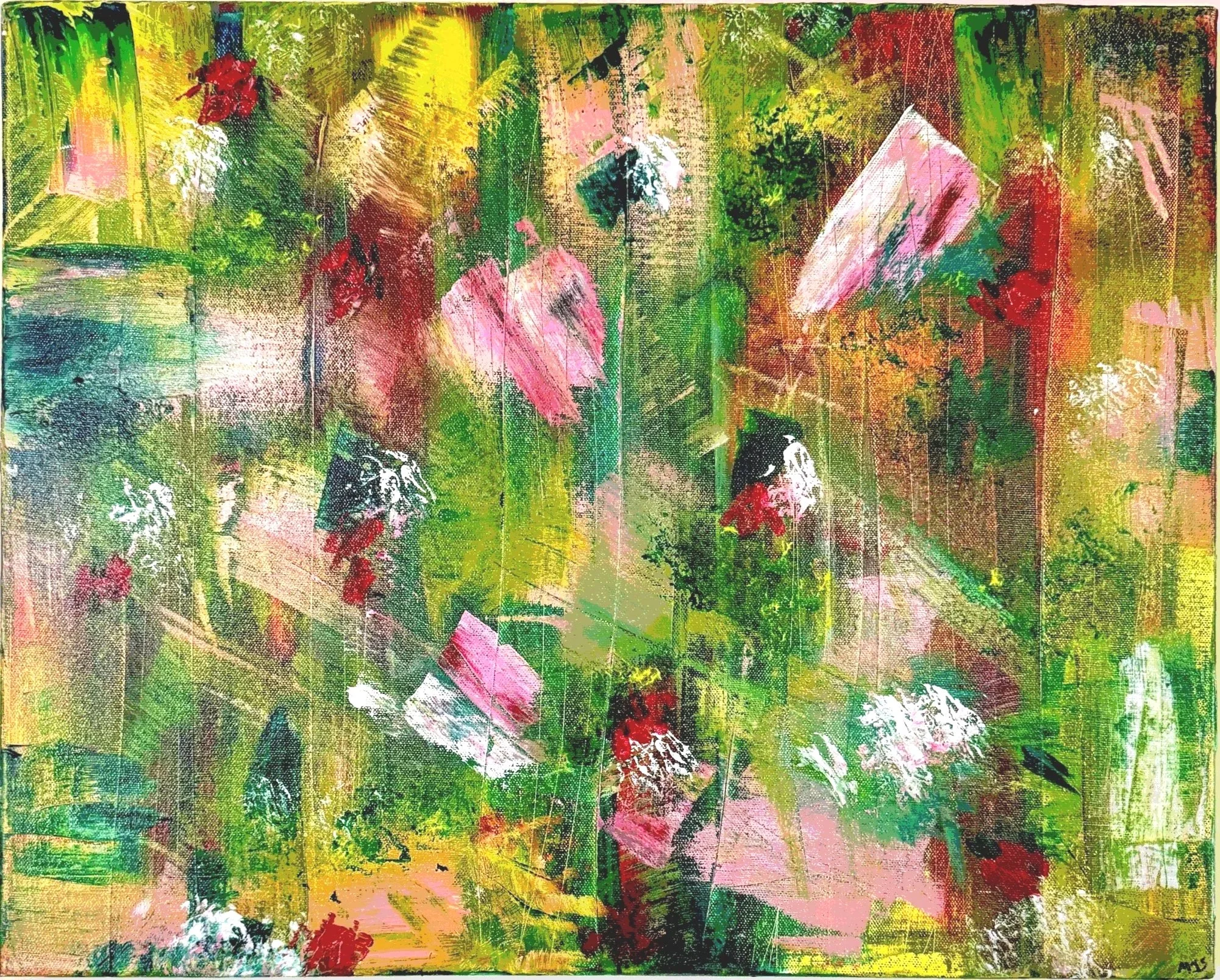 Abstract painting with vibrant green, pink, yellow, black, white, and red brushstrokes creating a floral or garden-like pattern.