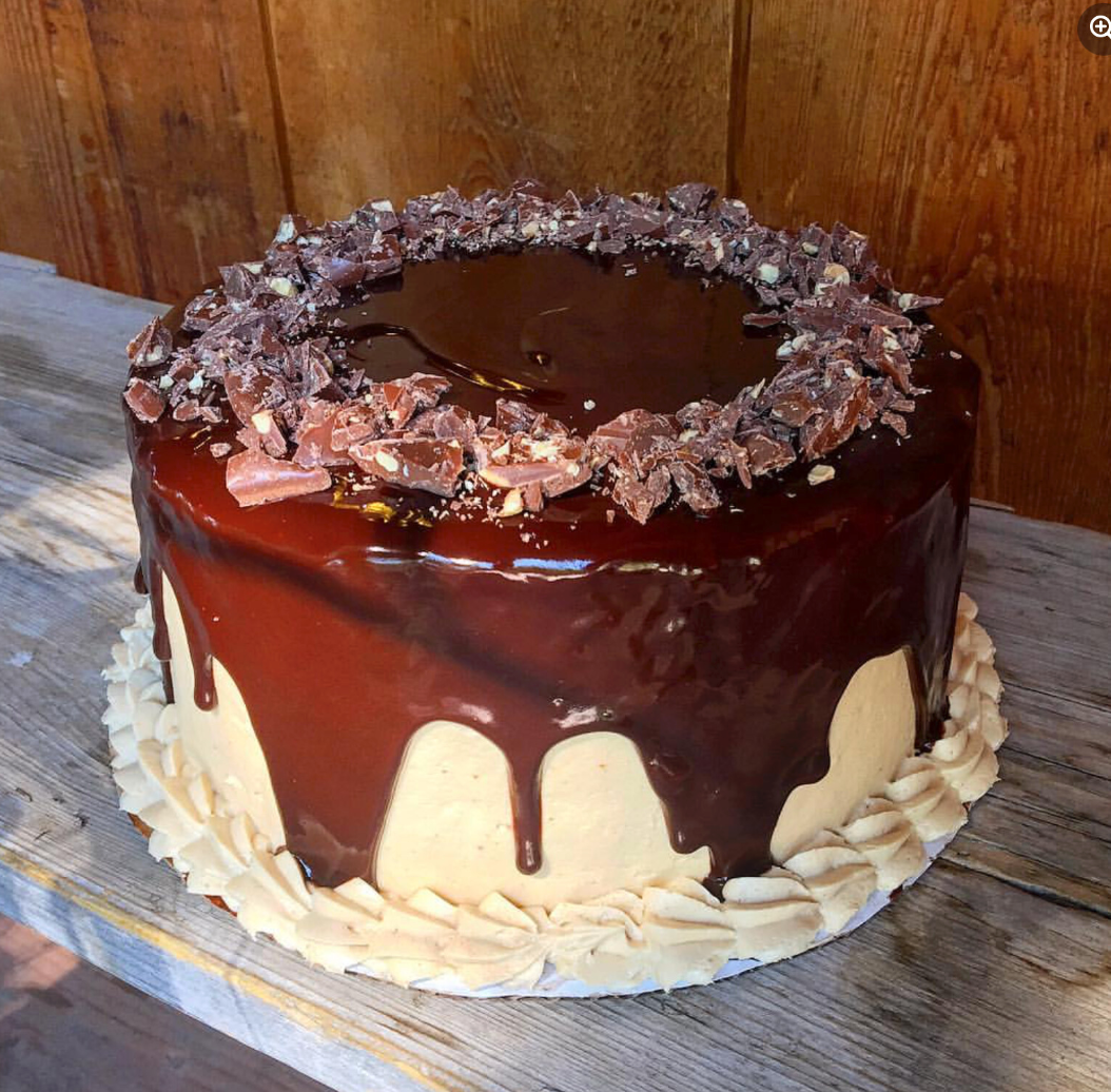 Peanut Butter Cake, Nutella Filling, Espresso Buttercream, Bittersweet Ganache, Coffee Chocolate Chunks