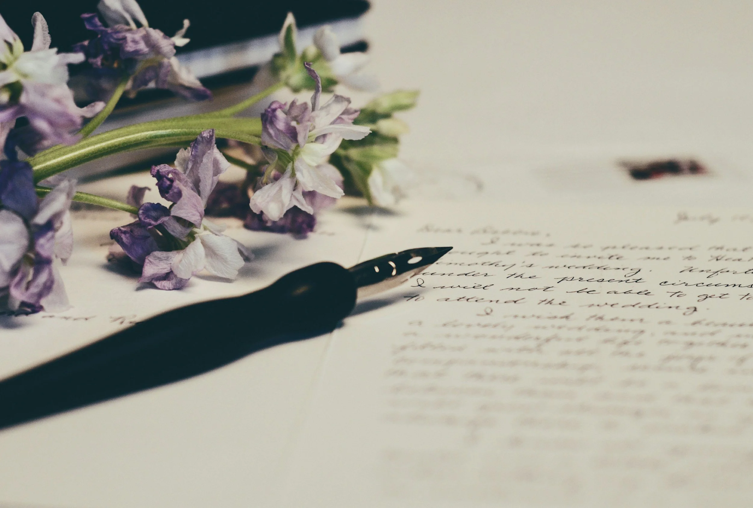 A black fountain pen resting on handwritten cursive letters on white paper, with a small bunch of purple and white flowers nearby.