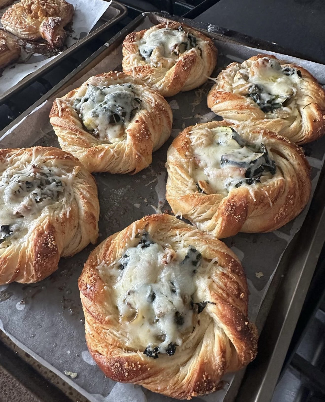 Veggie Pastries with Spinach, Zucchini, Roasted Garlic, Onion, Ricotta, Parm & Gruyere