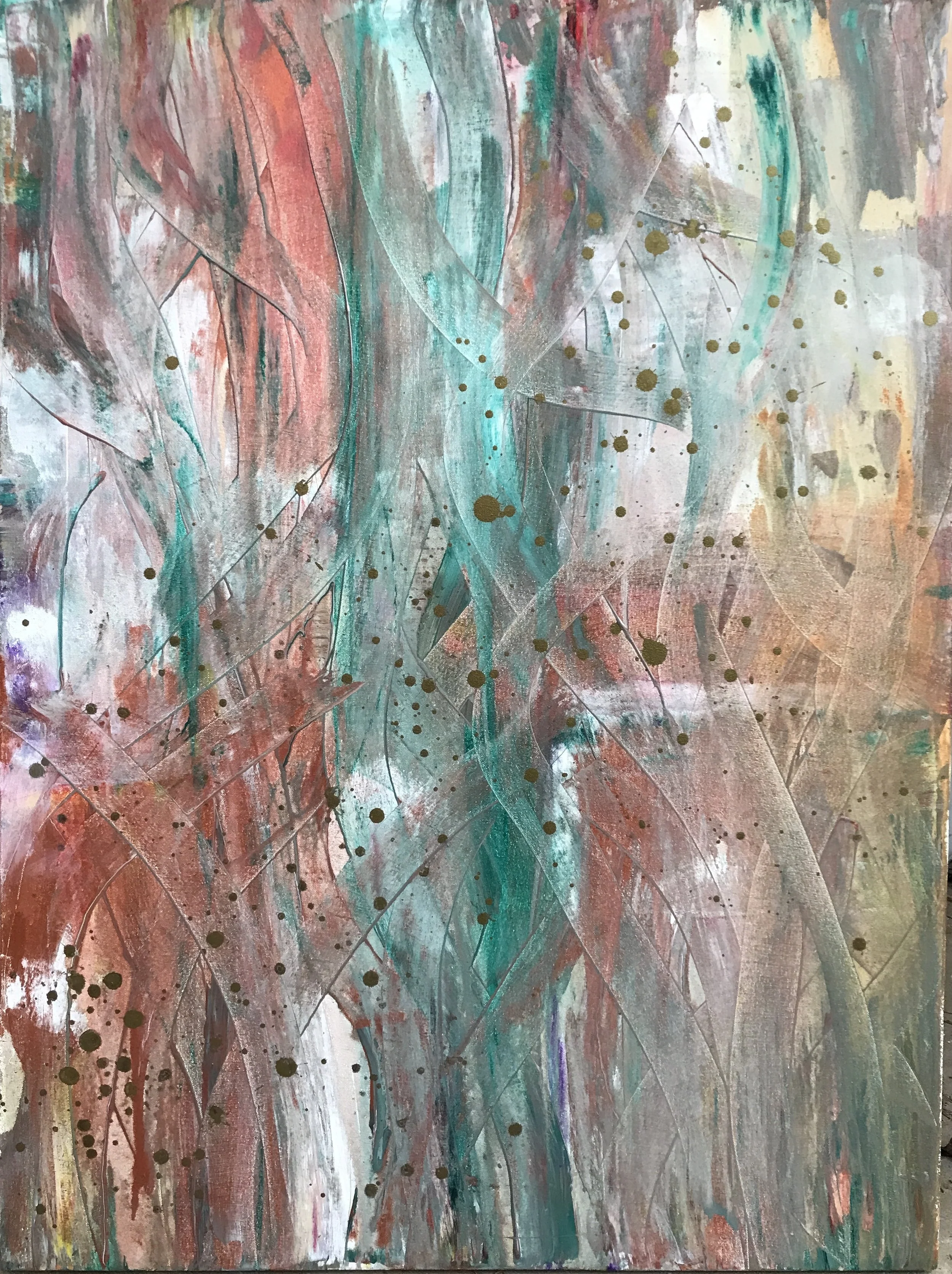 Abstract painting with flowing brushstrokes in pink, turquoise, beige, and white, with gold splatters and lines.