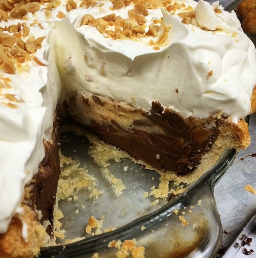 Bittersweet Chocolate Cream Pie with Peanut Butter Cream and Peanut Butter Cups