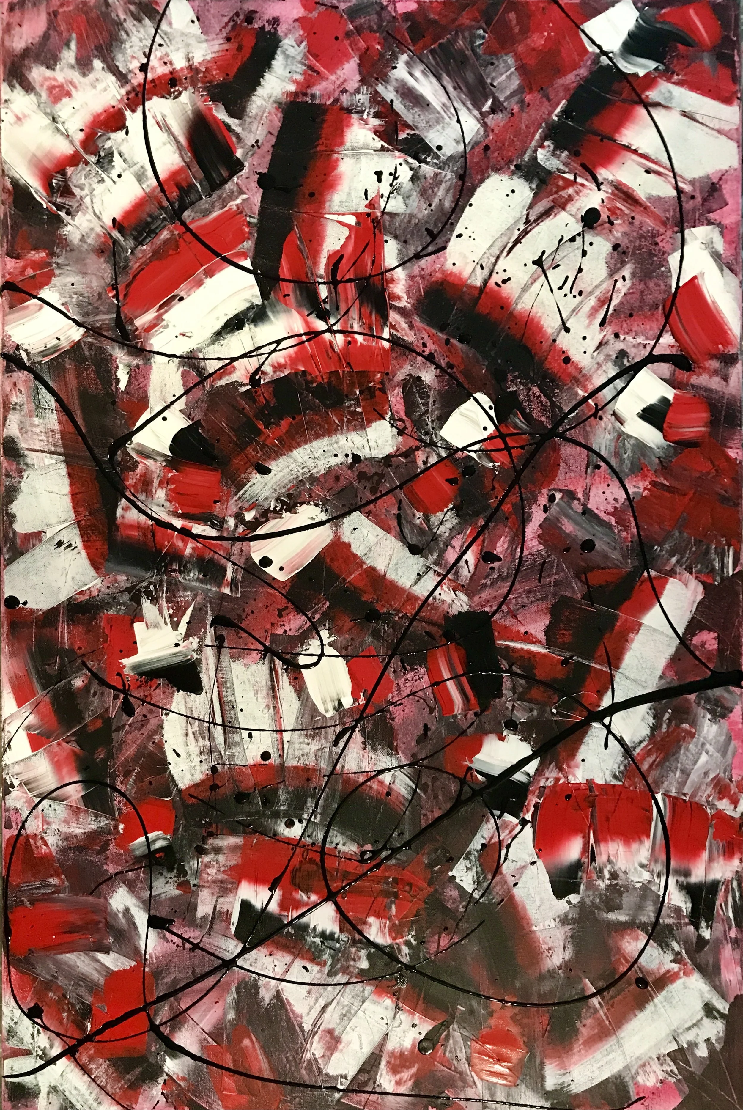 Abstract painting with red, black, white, and gray brushstrokes, splatters, and black swirling lines.