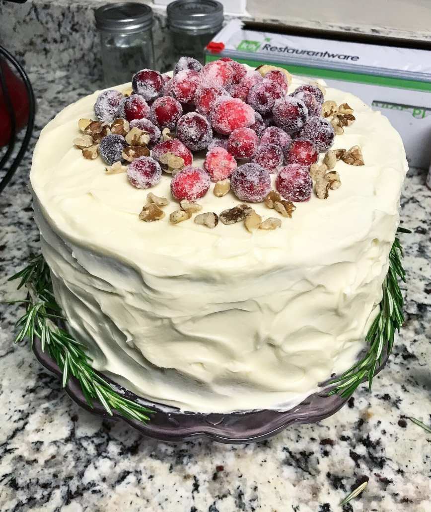 Black Walnut Cake with Cream Cheese Icing and Candied Cranberries