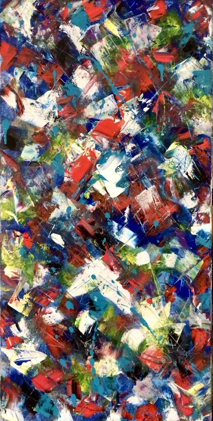 Abstract painting with splatters and strokes in red, blue, green, white, and black.