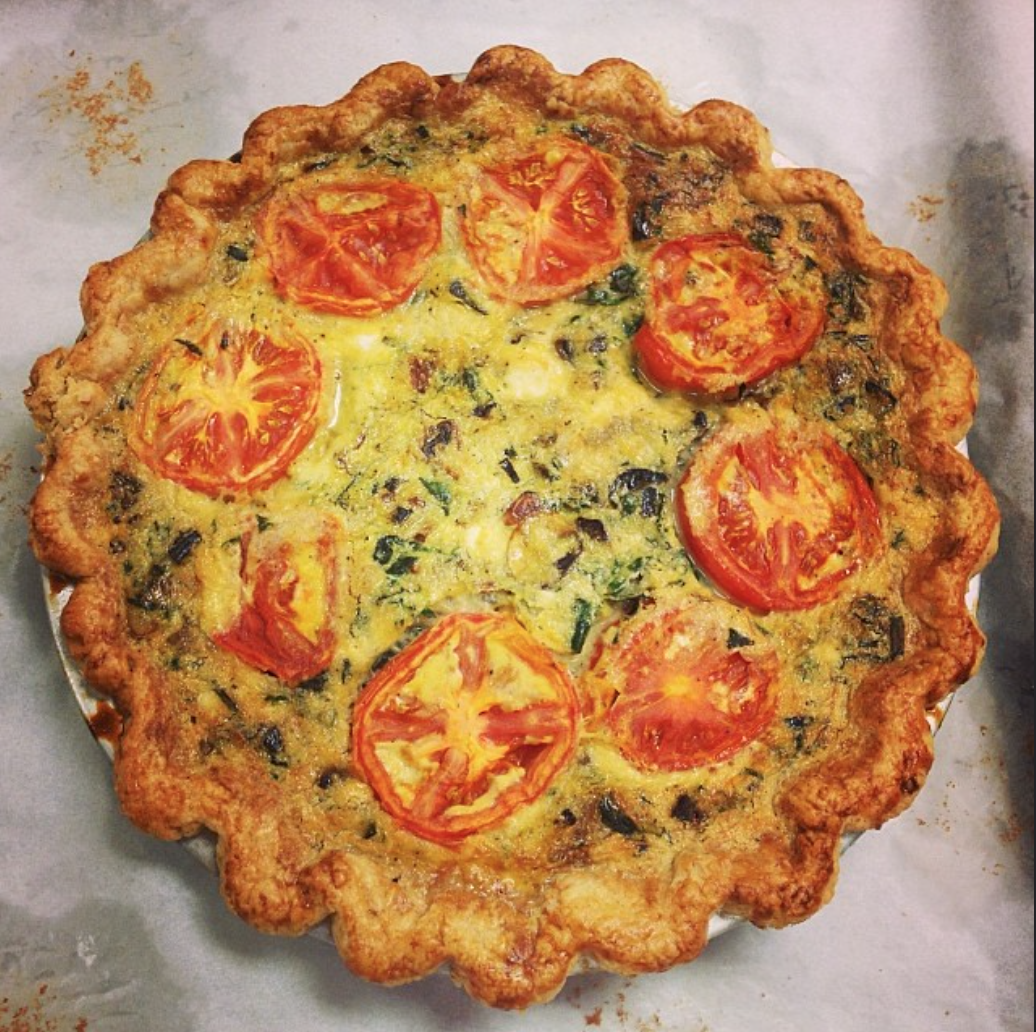 Spinach and Mushroom Quiche with Tomato, Onions, Chèvre and Parmesan