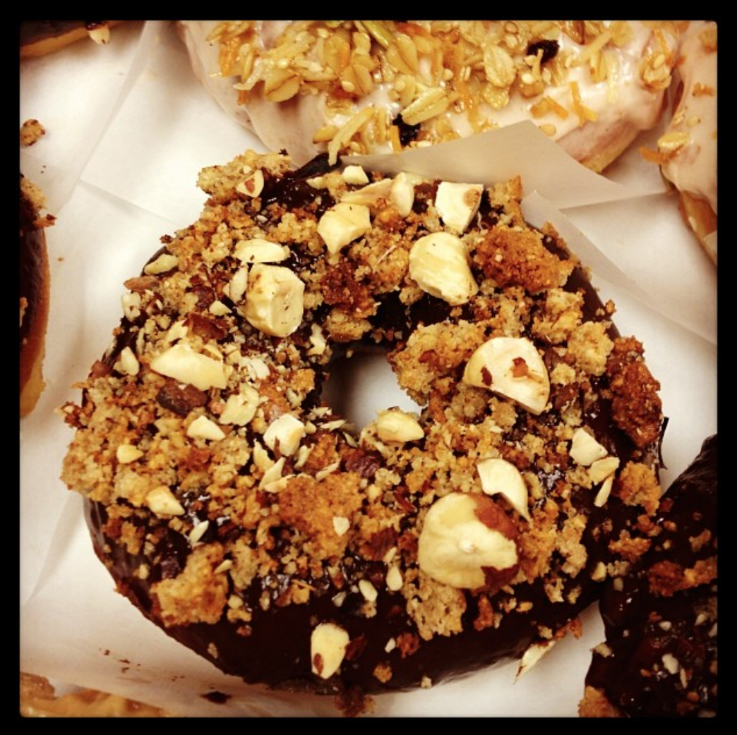 Hazelnut Donut with Hazelnut Frangipane, Hazelnuts, and Chocolate Ganache.