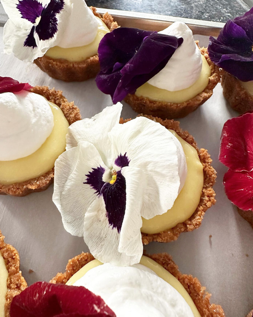 Lemon Cream Tarts with Graham Crust & Edible Flowers