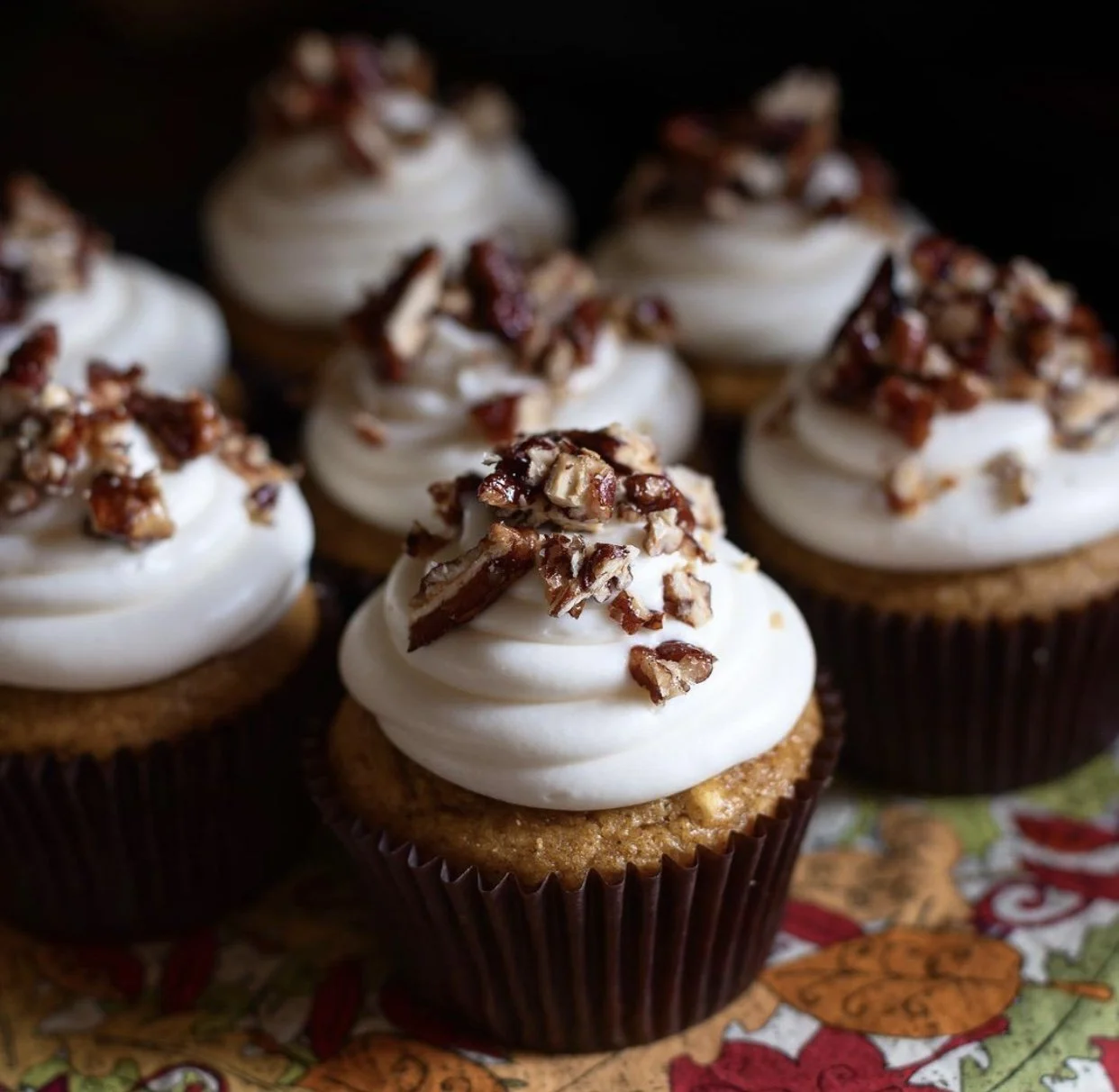 Pumpkin Cupcakes, Cream Cheese Icing & Candied Pecans