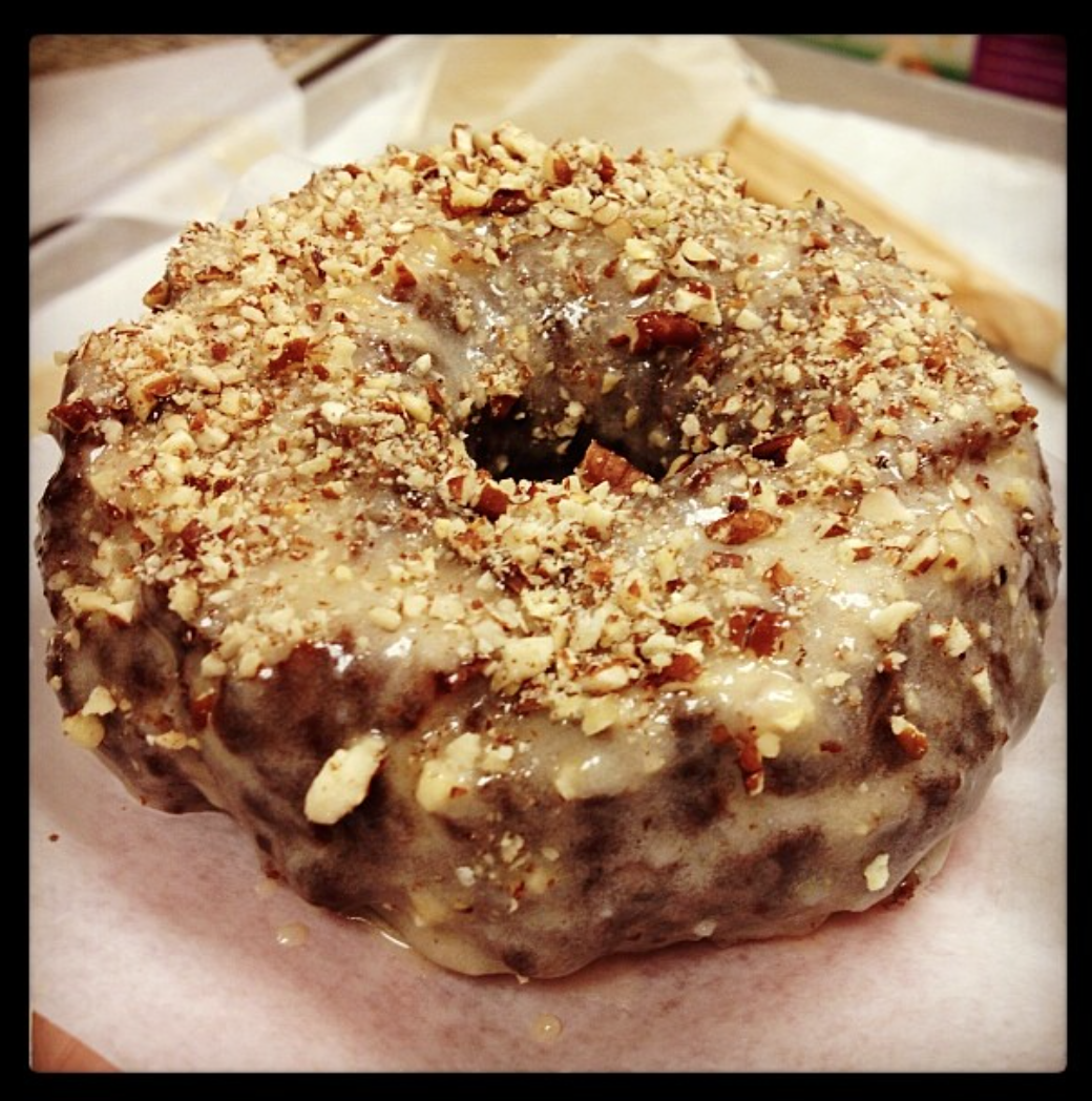 Chunky Apple Cider Donuts with Caramel Maple Glaze and Toasted Pecans.