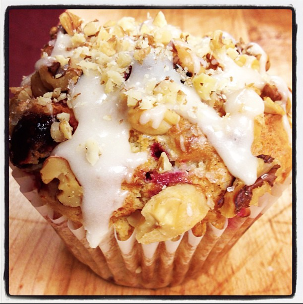 Citrus Cranberry Muffin with Orange Glaze and Toasted Walnuts.