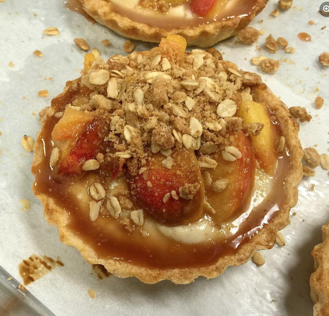 Peach Tarts-- Spiced Cream, Local Organic Peaches, Poach Peach Carmelized Sauce with Streusel Topping