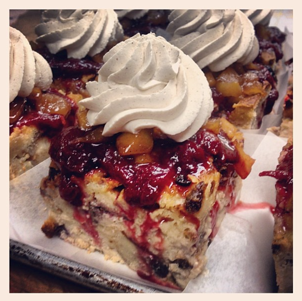  Apple Plum Bread Pudding with Cinnamon Ginger Whipped Cream. 