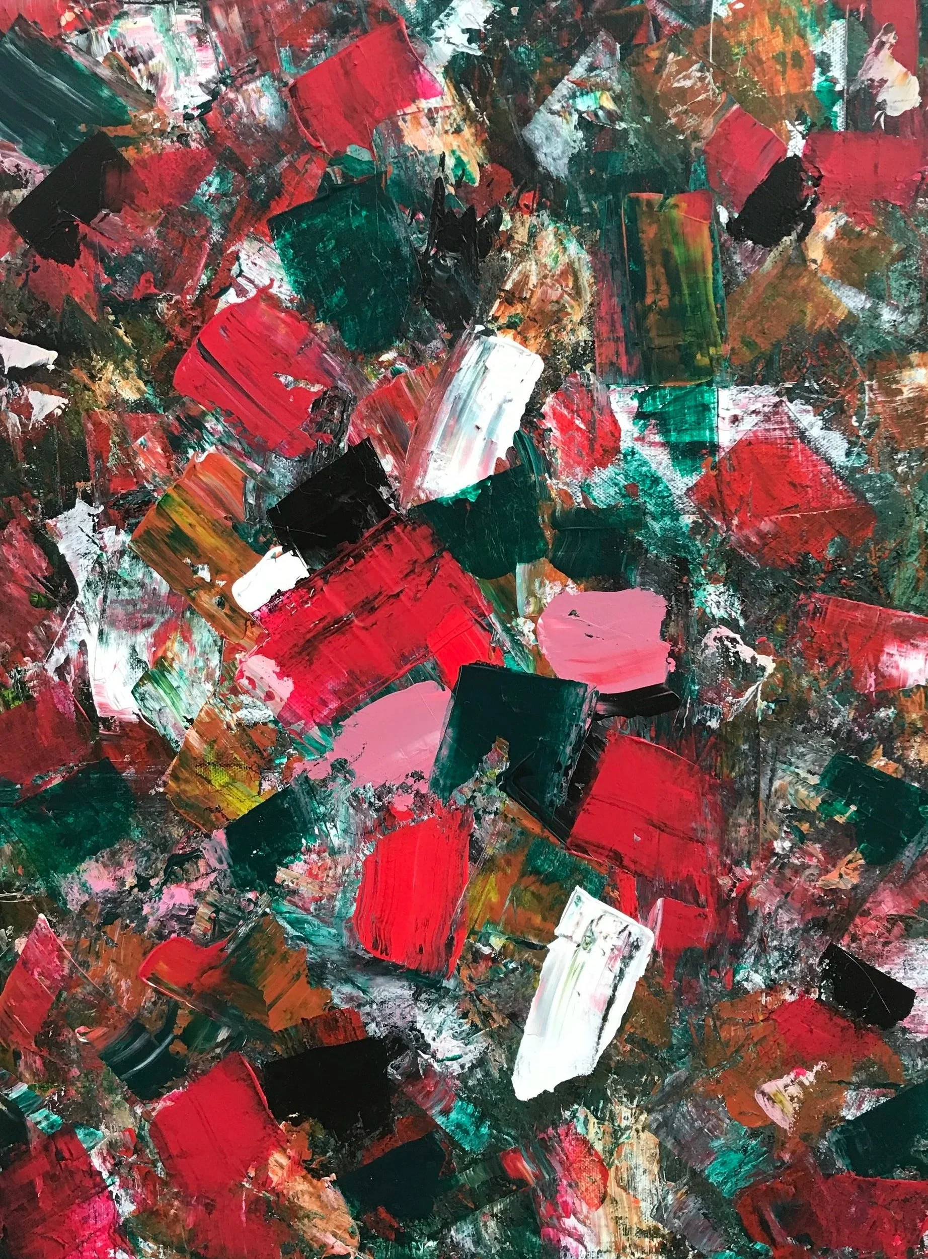 Abstract painting with bold brushstrokes in red, black, white, green, pink, and hints of yellow and orange.