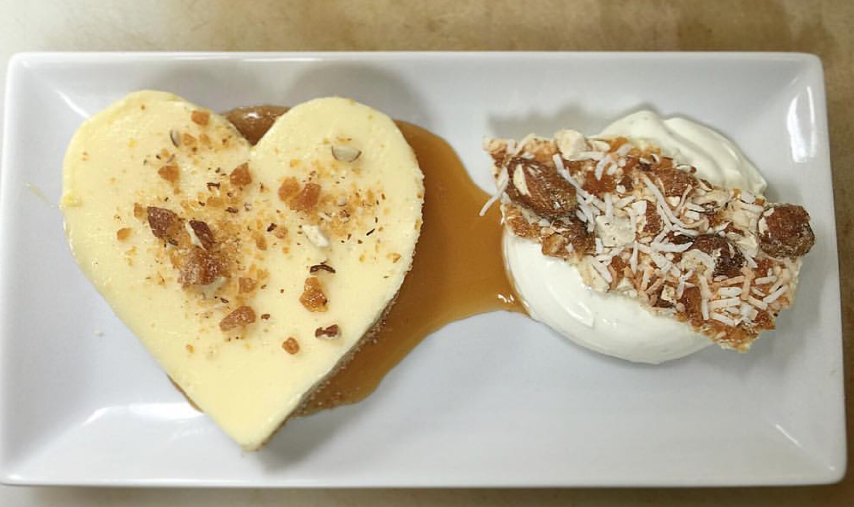 Key Lime Heart Tart with Almond Brittle, Lime Creme Fraiche, Caramel and White Chocolate Bark
