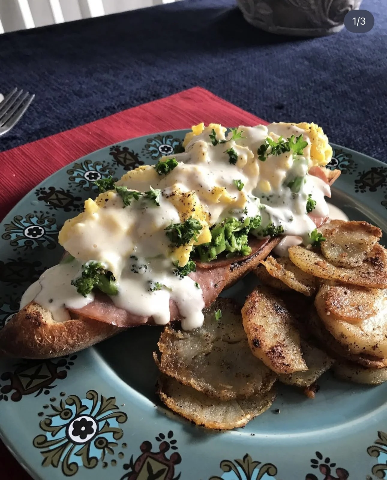 'Tartine Bakery Breakfast' --Butter Toasted Baguette, Ham, Sauteed Broccoli, Scrambled Eggs, and Parmesan Bechamel Sauce with Sliced Home Fries